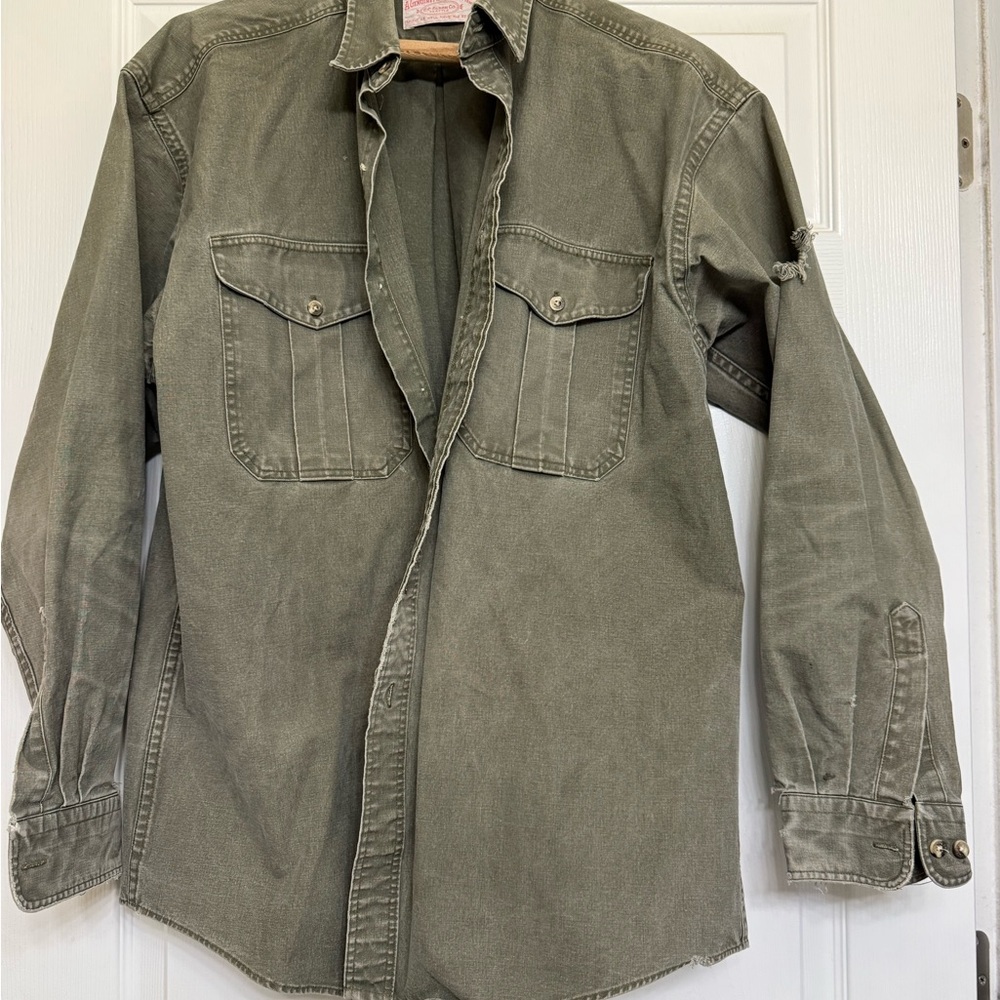 Distressed Filson Olive Green Casual Button-Down Utility Shirt